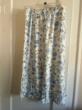 Cottagecore cream floral wide leg linen blend elastic waist pants